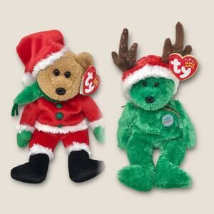 Ty 2 Set Beanie Baby KRINGLE Santa Bear & Holiday Teddy Bear Christmas Plush